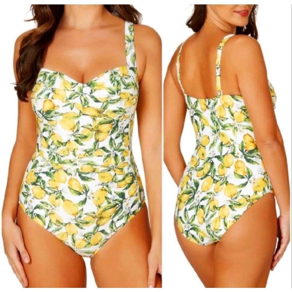 Nip Tuck Multicup Fit Joanne One-Piece Lemon Print White Yellow Swimsuit US 4